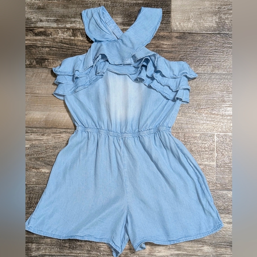 Hannah Banana Denim Color Ruffle Romper -Sz 10